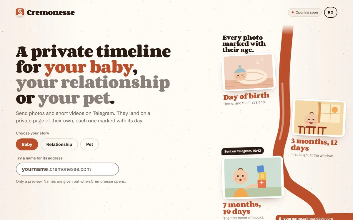 The Cremonesse homepage: “A private timeline for your baby, your relationship or your pet”, with illustrated photo cards along a timeline.